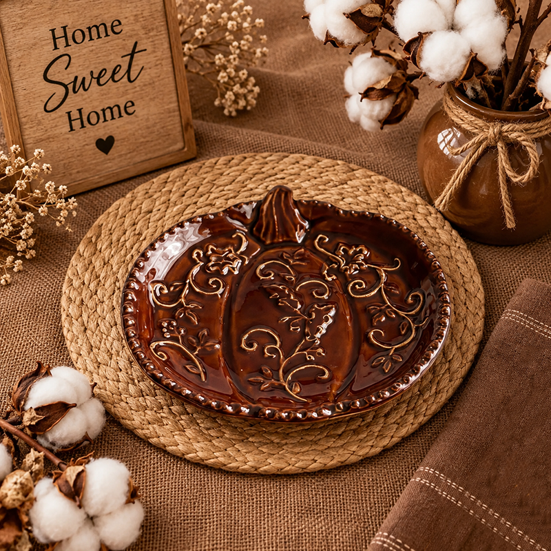 Mini Assiette Décorative en Céramique Marron – Motifs Floraux Élégants