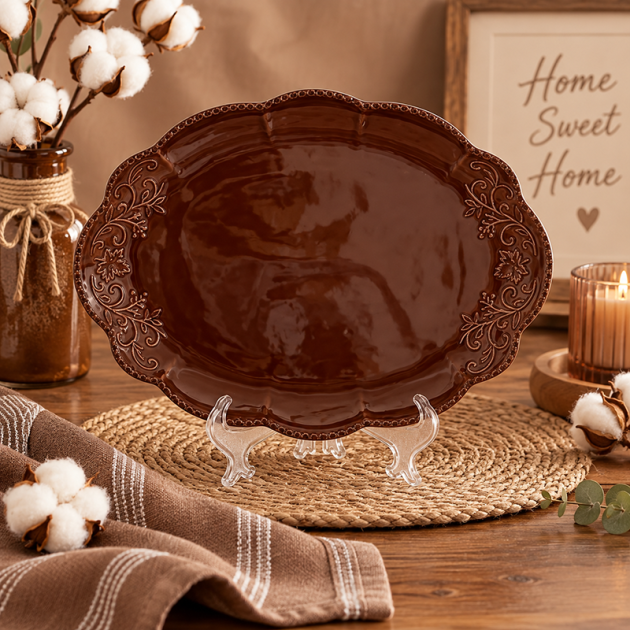 Plat de Service Ovale Marron Chocolat – Élégance Florale