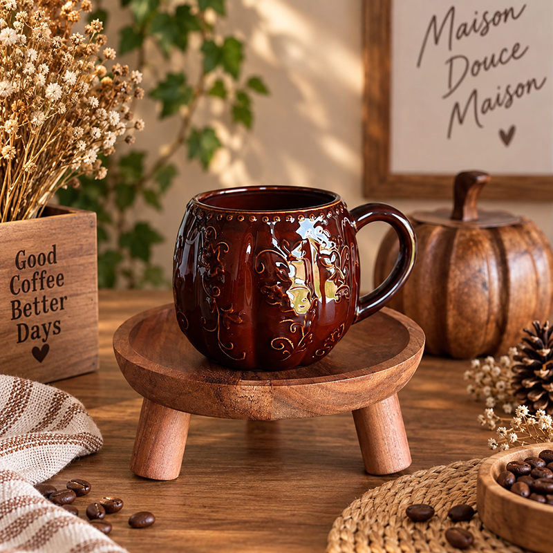 Mug en Céramique Marron Élégant – Motifs Floraux Relief