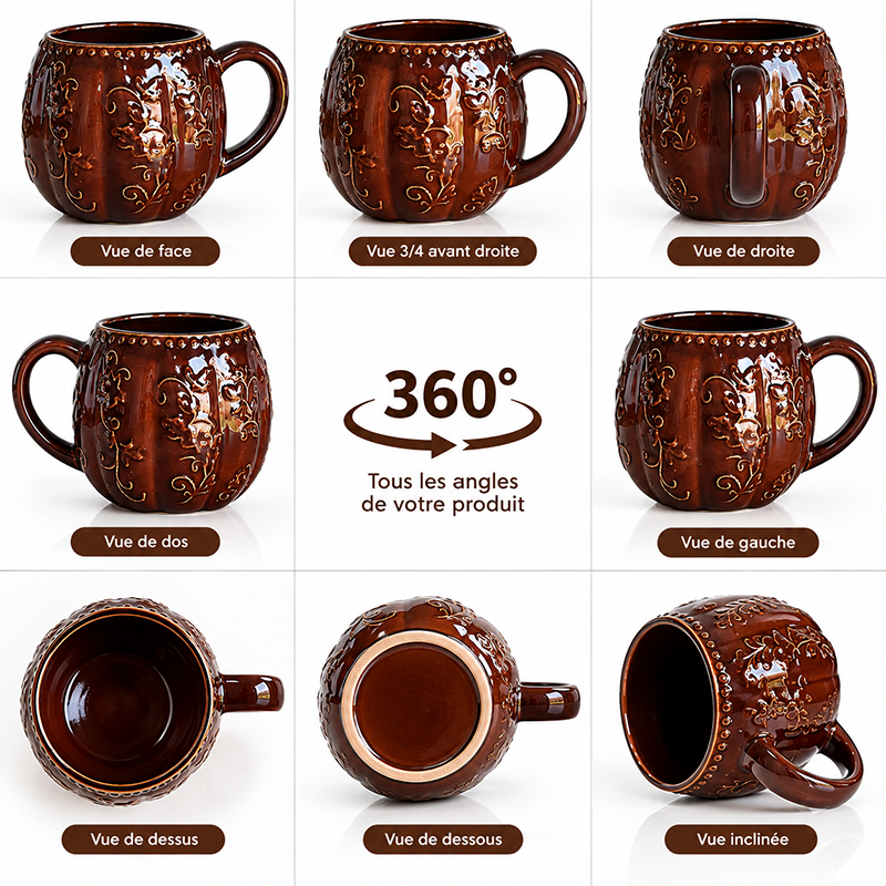 Mug en Céramique Marron Élégant – Motifs Floraux Relief – Image 2