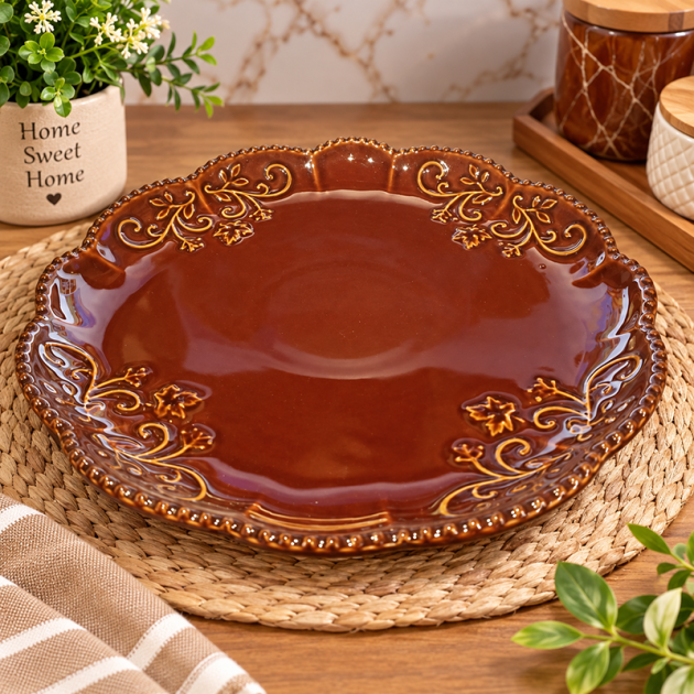 Assiette Décorative en Céramique Marron – Motifs Floraux Dorés & Finition Élégante