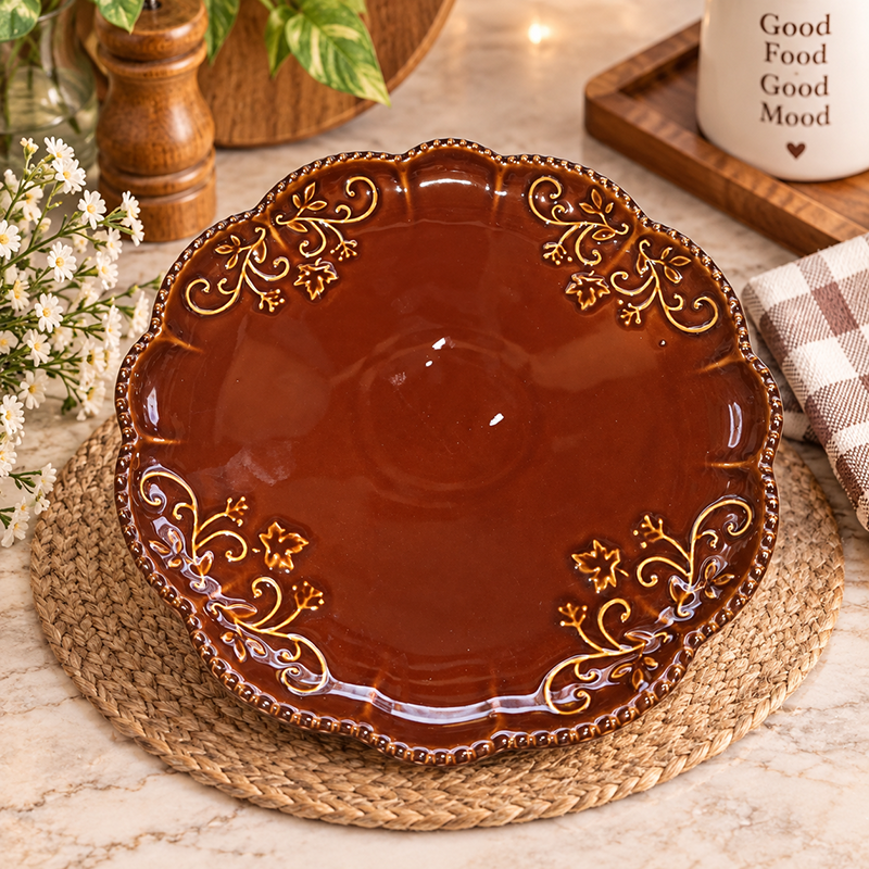 Assiette Décorative en Céramique Marron – Motifs Floraux Dorés & Finition Élégante – Image 2