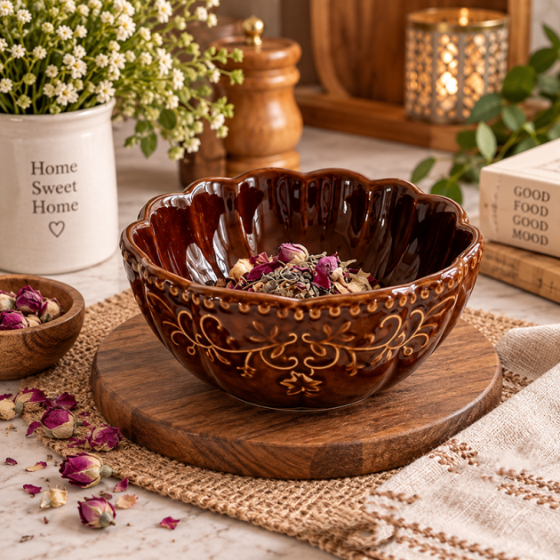 Bol en Céramique Marron Décoré – Motifs Floraux Dorés & Bord Festonné