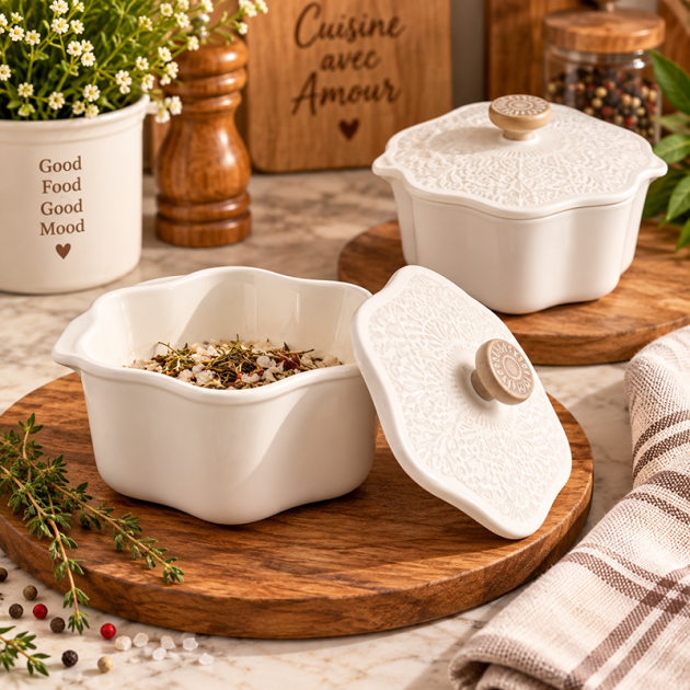 Boîte de Conservation en Céramique Blanche – Motifs Floraux & Couvercle Décoré