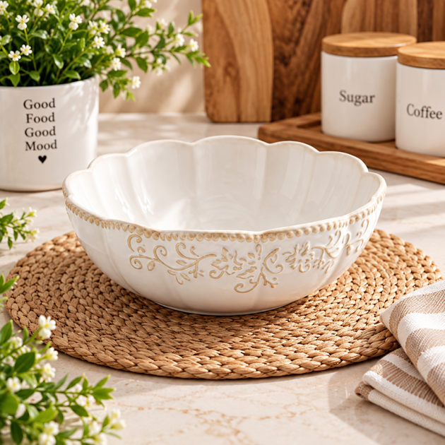 Bol en Céramique Blanc Élégant avec Décors Floraux Dorés