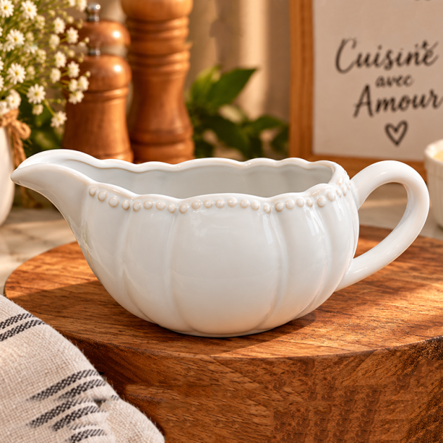 Saucière en Céramique Blanche Élégante – Design Raffiné avec Anse et Bec Verseur