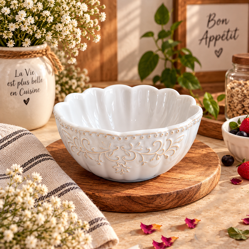 Bol en Céramique Blanc Élégant – Motifs Floraux en Relief & Finition Raffinée