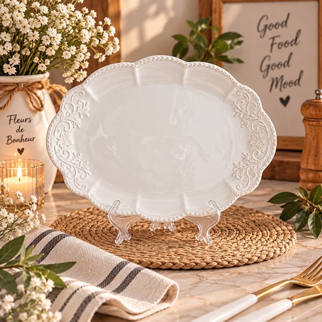 Plat de Service Ovale blanc – Élégance Florale