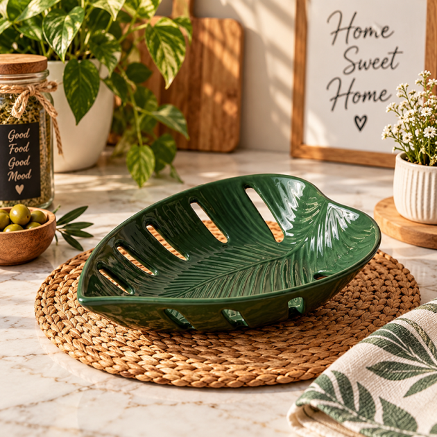 Plat Décoratif en Céramique Forme Feuille – Vert Élégant & Design Naturel