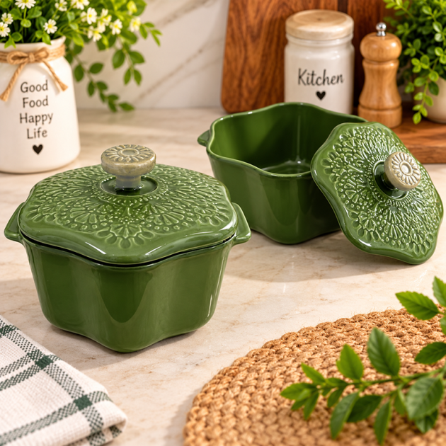Mini Cocotte en Céramique Verte avec Couvercle Décoré – Design Floral Élégant