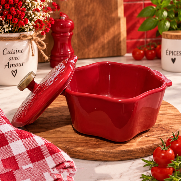 Mini Cocotte en Céramique rouge avec Couvercle Décoré – Design Floral Élégant
