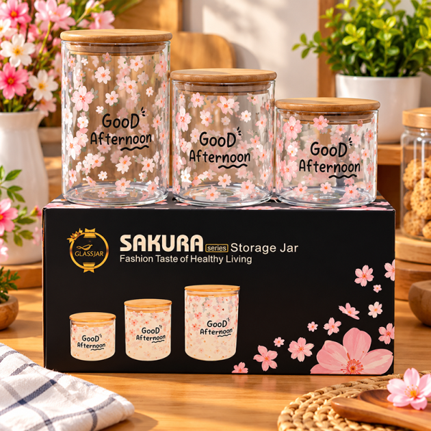 Lot de 3 Bocaux de Conservation rond en Verre avec Couvercle en Bambou – Motif Sakura “Good Afternoon”