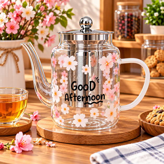 Théière en Verre Sakura avec Infuseur Inox et Motif Floral – “Good Afternoon”