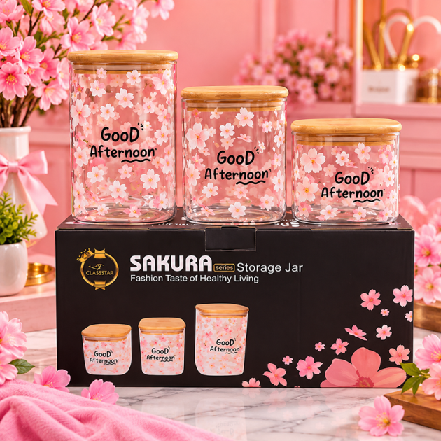 Ensemble de 3 Bocaux caré de Rangement en Verre – Collection Sakura avec Couvercles en Bambou