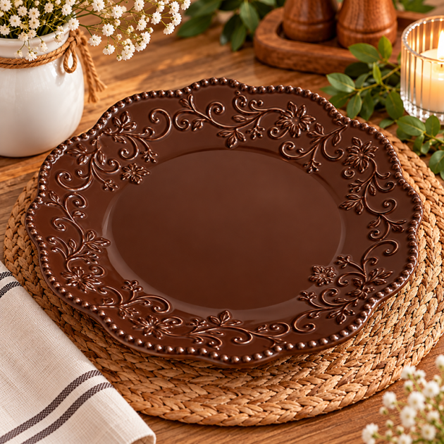 Assiette Plate en Céramique marron – Design Élégant avec Motifs en Relief