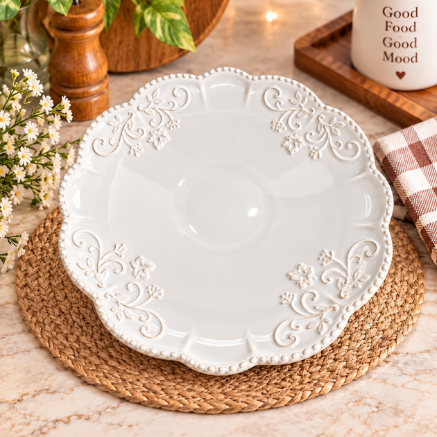 Assiette Décorative en Céramique blanc – Motifs Floraux Dorés & Finition Élégante