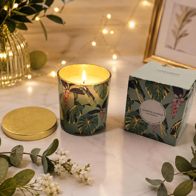 Bougie Parfumée Décorative – Motif Feuillage Tropical & Couvercle Doré