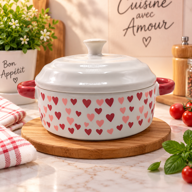 Cocotte en Céramique Blanche avec Motifs Cœurs – Avec Couvercle