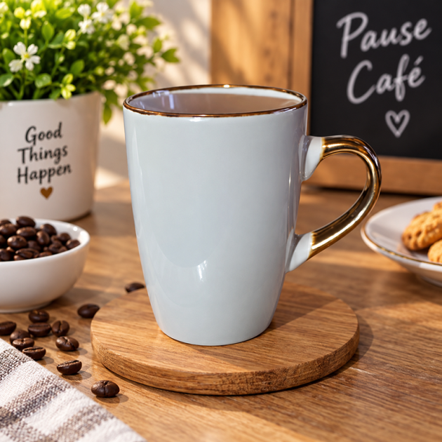 Mug en Céramique Blanc avec Anse Dorée – Élégant et Raffiné