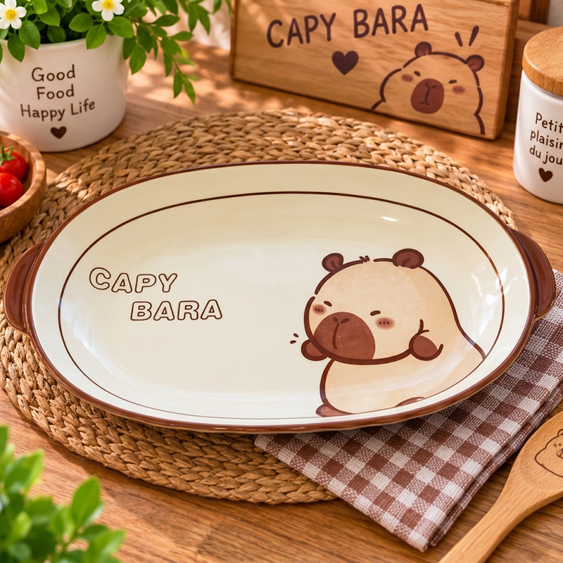 Plat oval en Céramique CAPY BARA – Design Kawaii avec Poignées 32cm
