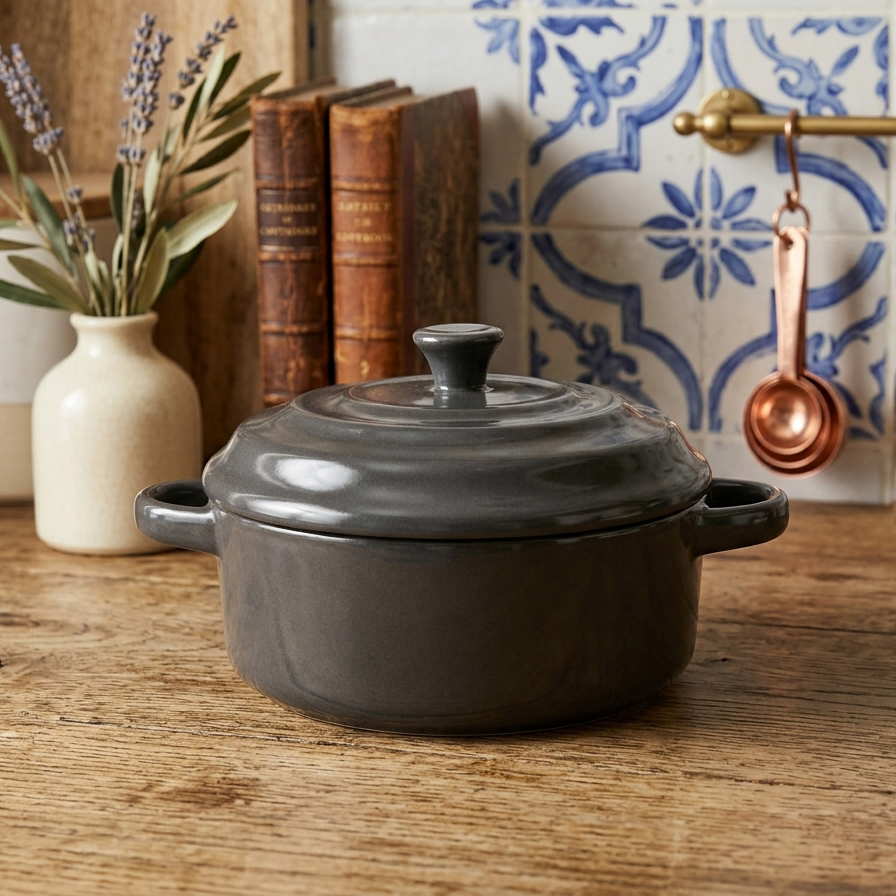 Mini Cocotte en Céramique noir Anthracite avec Couvercle et Poignées.pour une personne