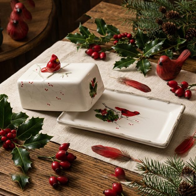 Beurrier Émaillé Rétro en Céramique – Motif Oiseau Cardinal & Décor de Noël