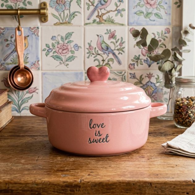 Mini Cocotte en Céramique Rose « Love Is Sweet » avec Couvercle.pour une personne