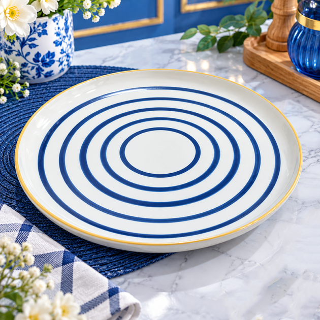 Grande Assiette en Céramique Blanche à Rayures Circulaires Bleues et Bord Doré 26cm