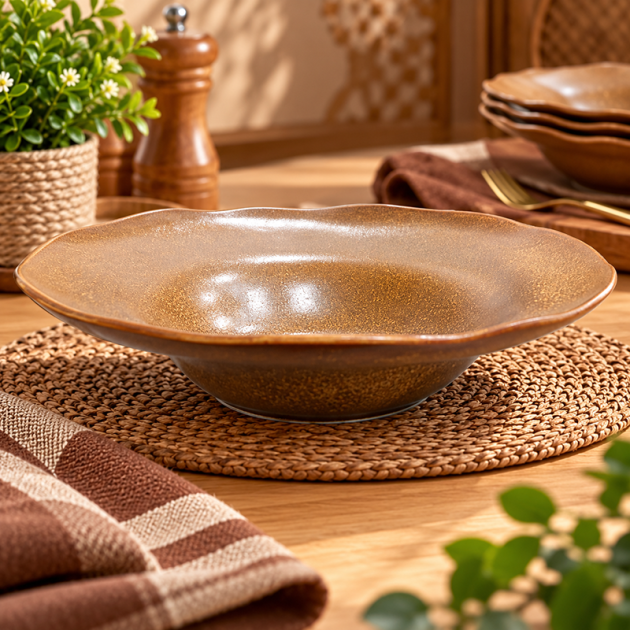 Assiette à Pâtes en Céramique Marron Effet Doré – Ø 28 cm