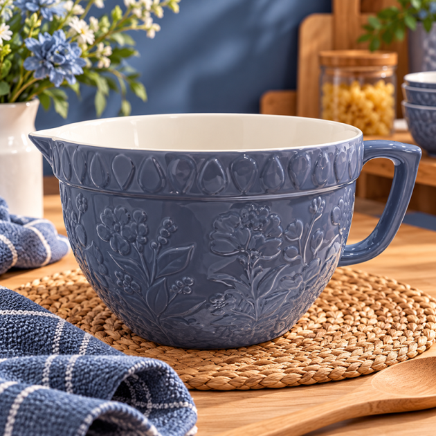Bol Mélangeur en Céramique Bleu Gris avec Motifs Floraux – Design Élégant