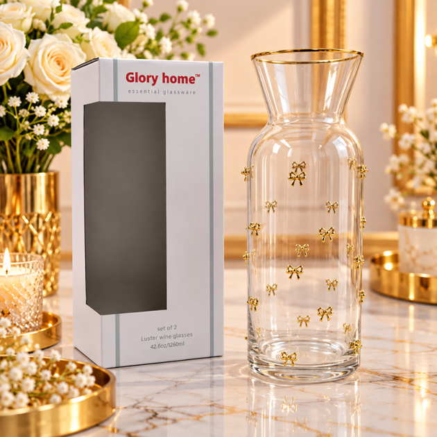 Carafe en Verre Transparent avec Nœuds Dorés – Design Élégant et Raffiné