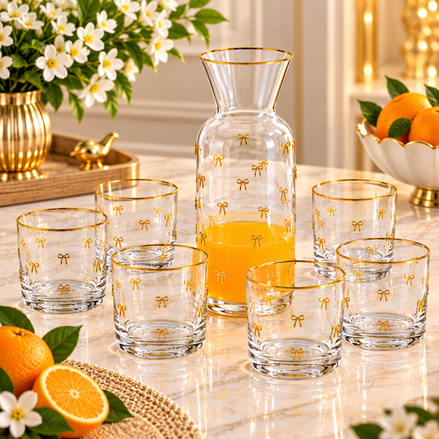 Service à Eau en Verre avec Carafe et 6 Verres – Décoration Nœuds Dorés