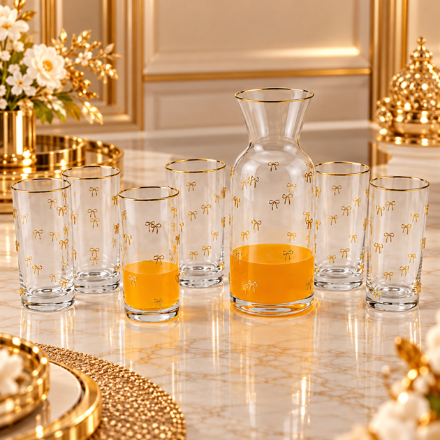 Service à Jus Élégant Doré – Carafe et 6 Verres avec Motifs Nœuds