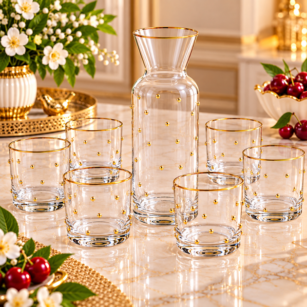 Service à Eau en Verre avec Carafe et 6 Verres – Décoration Perles Dorées