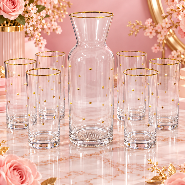 Service à Carafe et 6 Verres en Verre Transparent avec Finition Dorée – Élégance et Raffinement