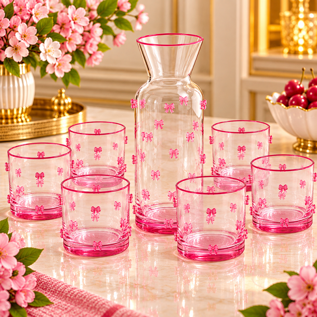 Service à Eau en Verre avec Carafe et 6 Verres – Décoration Nœuds Roses