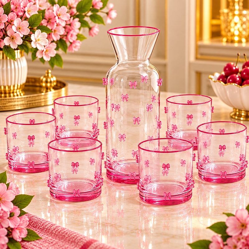 Service à Eau en Verre avec Carafe et 6 Verres – Décoration Nœuds Roses