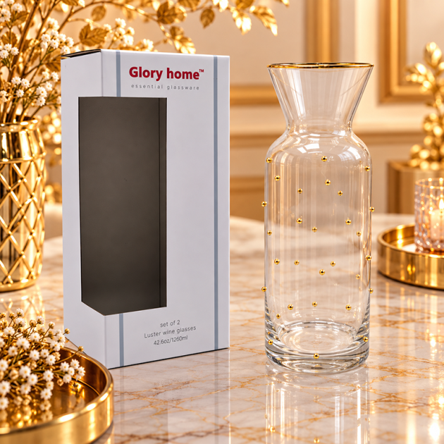 Carafe en Verre Transparent avec Pois Dorés – Bordure Dorée Élégante | Glory Home