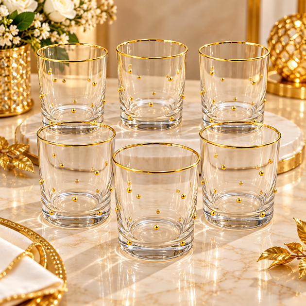 Service de 6 Verres en Cristal Transparent avec Bord Doré et Décoration Dorée Élégante – Glory Home
