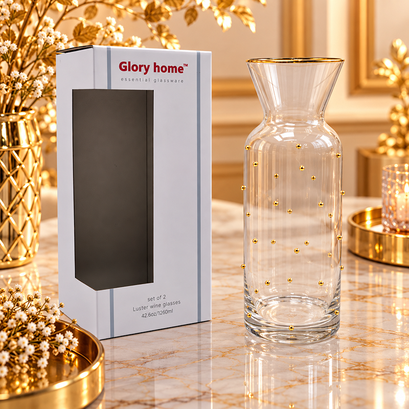 Carafe en Verre Transparent avec Pois Dorés – Bordure Dorée Élégante | Glory Home