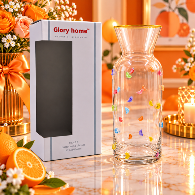 Carafe en Verre Transparent à Motifs Multicolores – Bordure Dorée Élégante | Glory Home