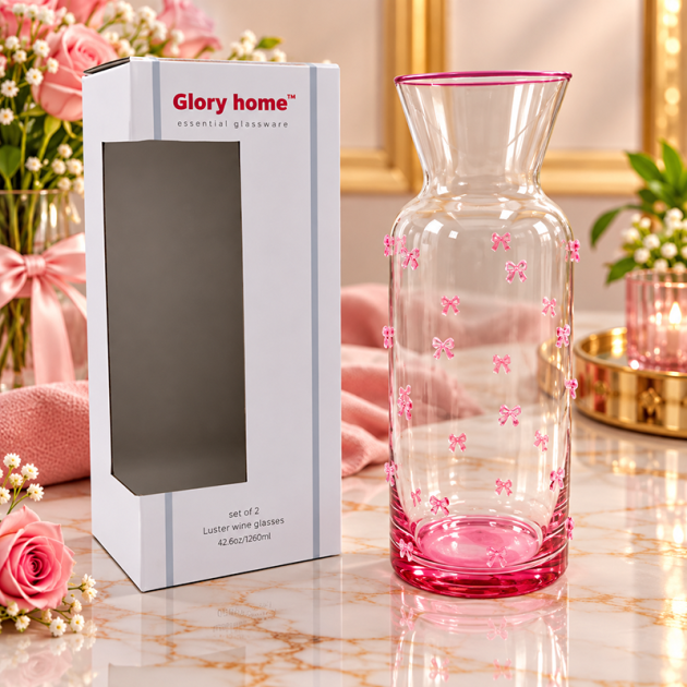 Carafe en Verre Transparent Décoré de Petits Nœuds Roses – Base et Bord Rose Élégant