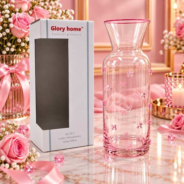 Carafe en Verre Transparent avec Nœuds Roses – Bordure et Base Roses | Glory Home