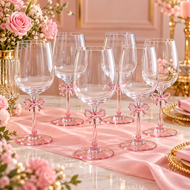 Service de 6 Verres à Vin Élégants avec Nœuds Décoratifs Roses