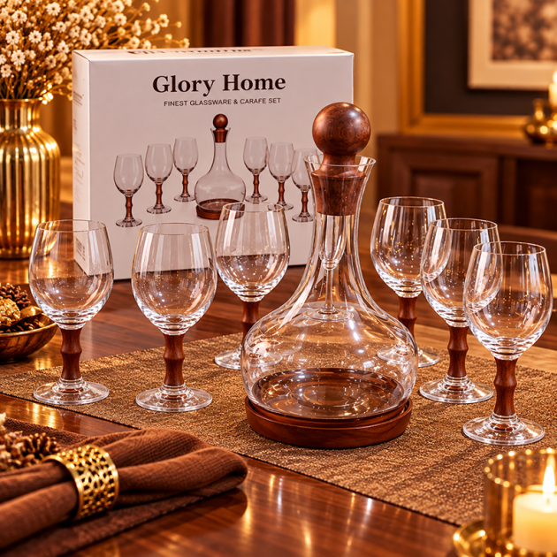 Service de 6 Verres à Vin avec Carafe en Verre et Bouchon Effet Bois – Glory Home