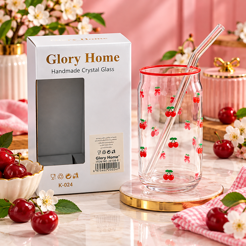 Verre Glory Home Transparent à Motifs Cerises avec Bord Rouge et Paille en Verre
