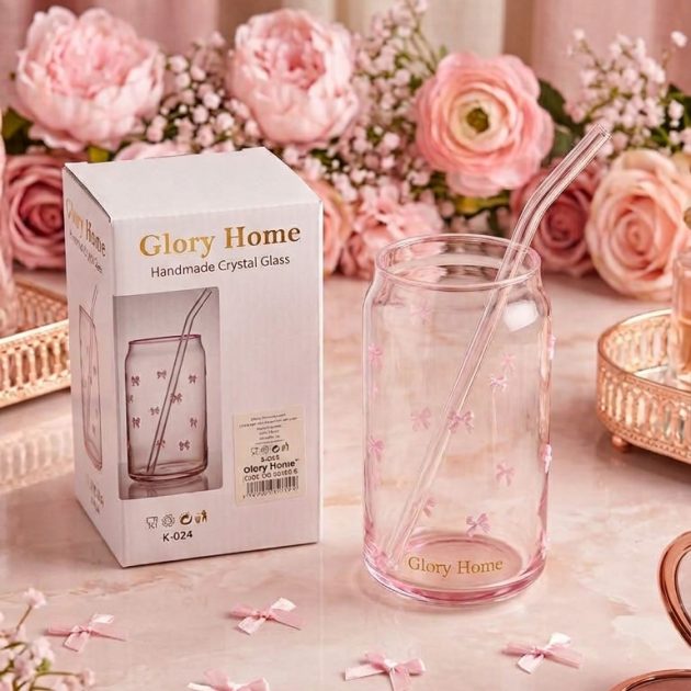Verre à Paille avec Boîte "Glory Home" – Motif Cœurs & Nœuds Rose