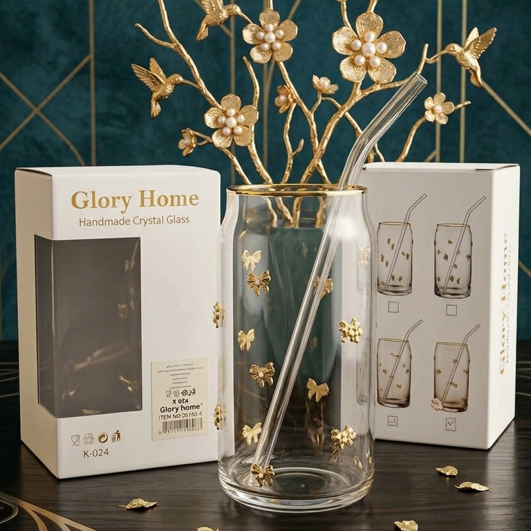 Verre à Paille avec Boîte "Glory Home" – Motif Papillons & Nœuds Dorés
