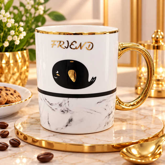 Mug en Céramique Blanc Effet Marbre « Friend » – Anse Dorée et Motif Élégant