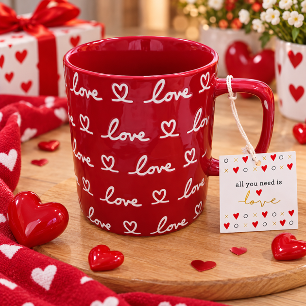 Mug en Céramique Rouge « Love » avec Motifs Cœurs